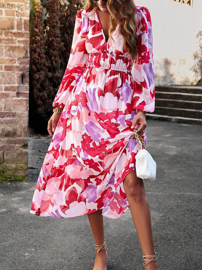 Devine Printed V-Neck Long Sleeve Midi Dress Strawberry Trendsi d7ebe19993ae43629fa54dfe1dd74e7e-Max