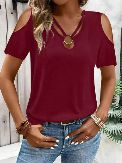 Cold Shoulder T-Shirt with Metal Ring Detail Burgundy Trendsi d7f44b7b9eb9422b9f2d3a86b0064daa-Max-Origin