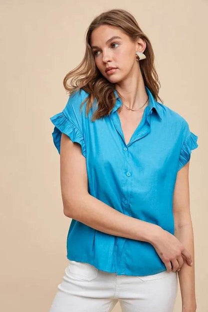 Annie Wear Relaxed Fit Ruffle Sleeve Woven Blouse Top BRIGHT TEAL Trendsi d854eda3d40c415199e59ba13aa8440b-Max-Origin