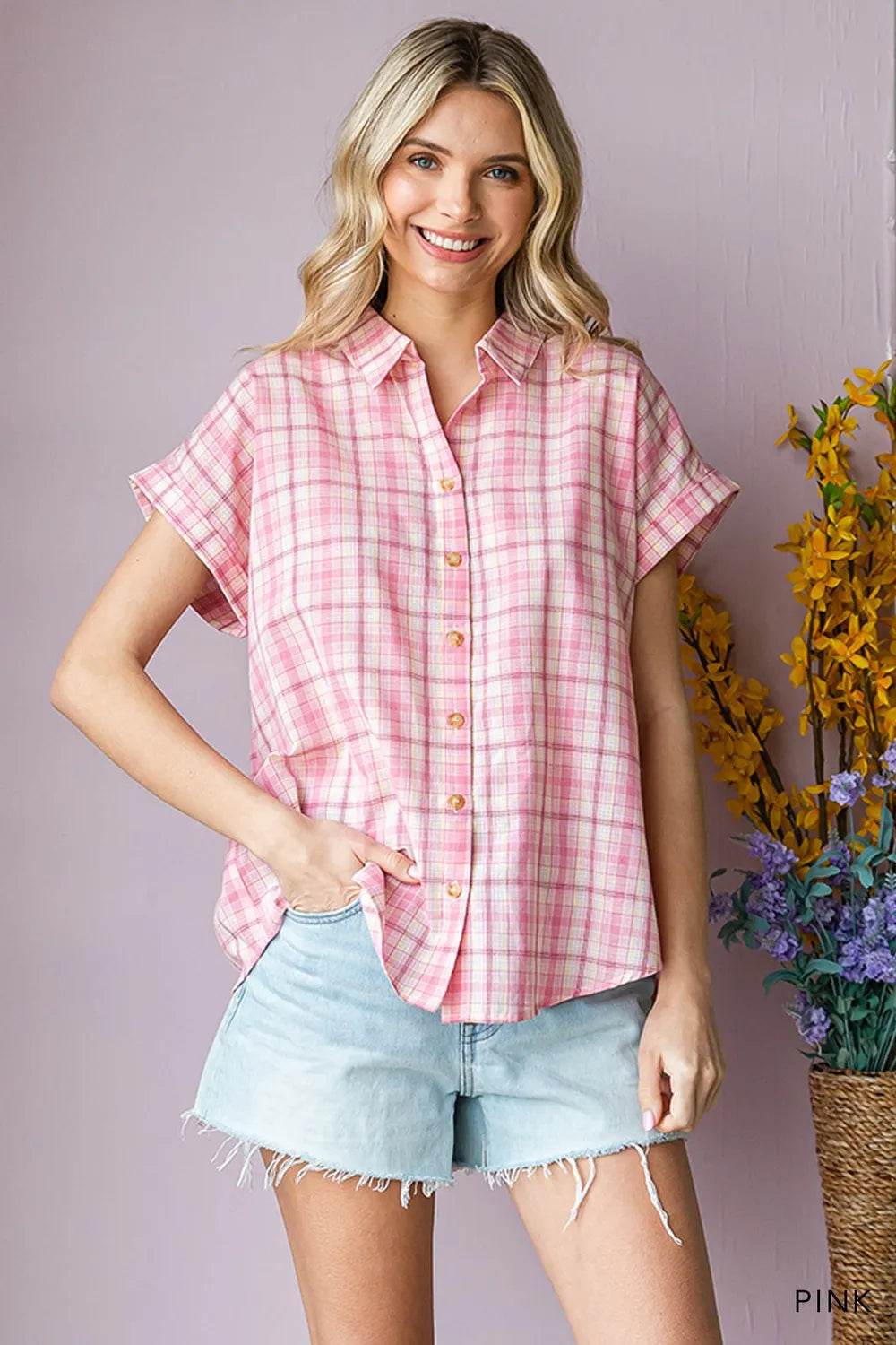Cotton Bleu by Nu Lab Plaid Collared Neck Short Sleeve Shirt Trendsi d85a716c-42ef-437e-b701-30923fcde247-Max