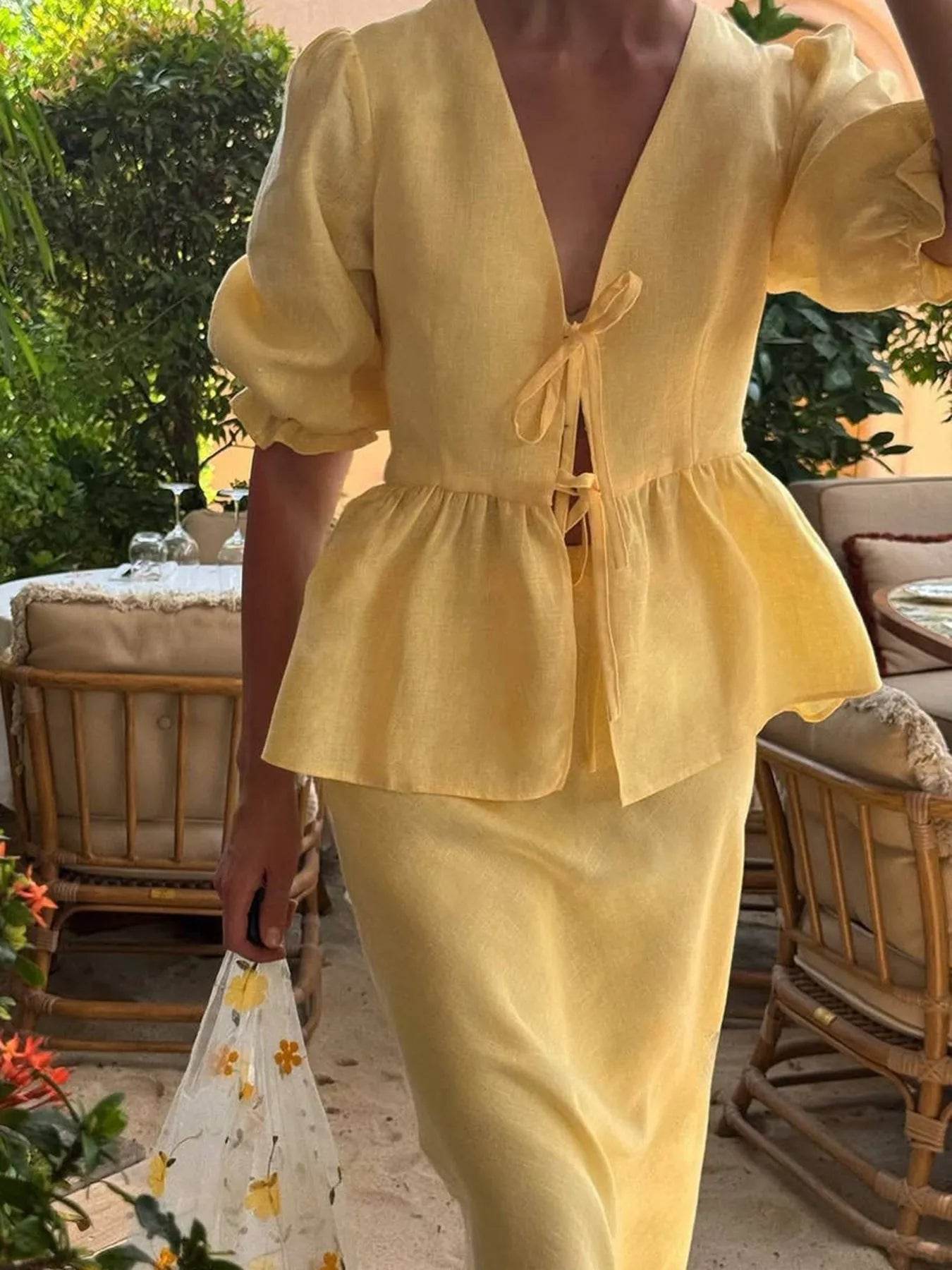 Tie Front Peplum Top and Skirt Set Yellow Trendsi d88e3db1b1254ef692794d1ea61c1a37-Max-Origin
