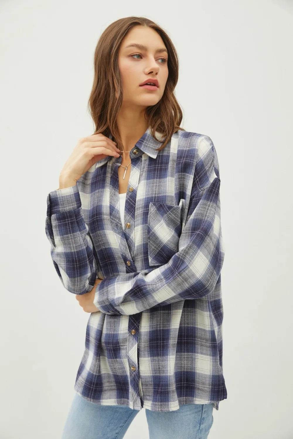 Be Cool Plaid Flannel Button Down Shirt with Chest Pocket Trendsi d893fc89-0dce-4538-89d6-423f0a8ed9b4-Max
