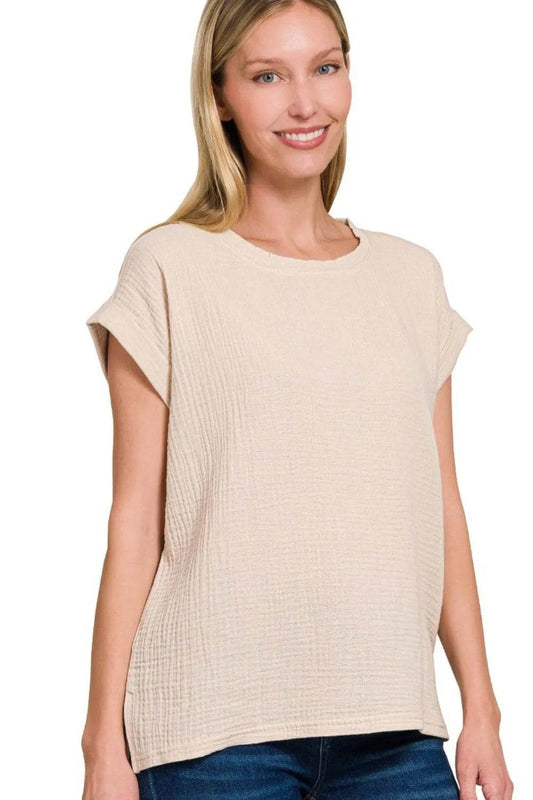 Zenana Double Gauze Round Neck Folded Short Sleeve Top SAND BEIGE Trendsi d8b233f3-1cc2-49f3-8203-6c15e0c4056a-Max-Origin