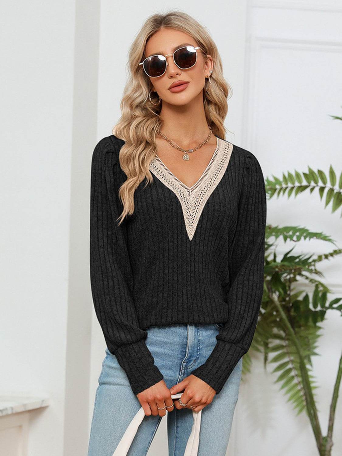 Lace Detail V-Neck Ribbed Blouse Trendsi d901c11329ff4b4f830417bf210411c6-Max