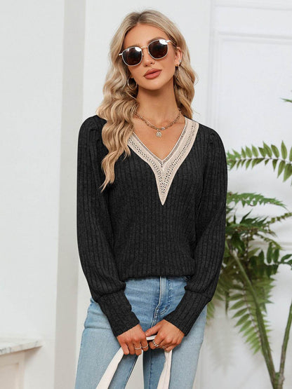 Lace Detail V-Neck Ribbed Blouse Trendsi d901c11329ff4b4f830417bf210411c6-Max
