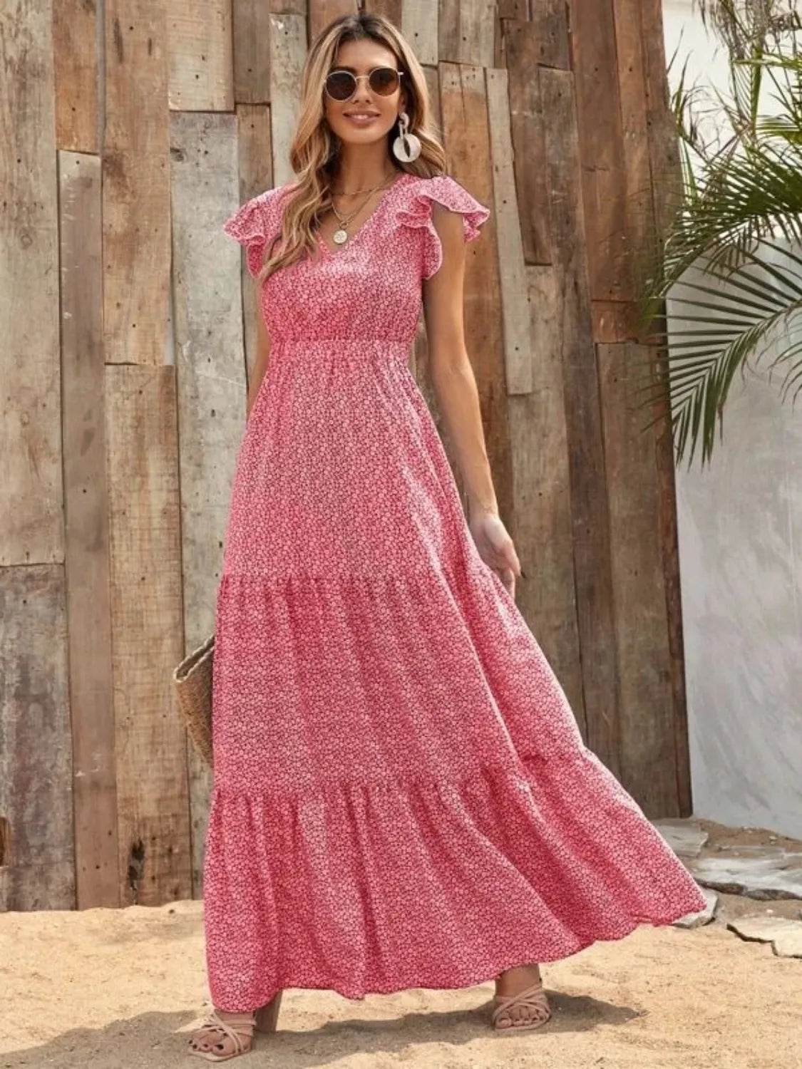 Printed V-Neck Ruffled Cap Sleeve Maxi Dress Trendsi d9036090-45ab-4242-890c-fffb07f890ef-Max-Origin