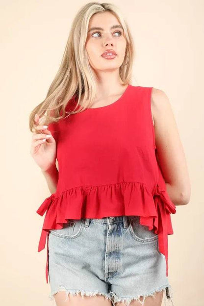 VERY J Side Tie Detail Ruffled Sleeveless Top Tomato Trendsi d90843d9925f4c7f8b9913241095ab1c-Max-Origin