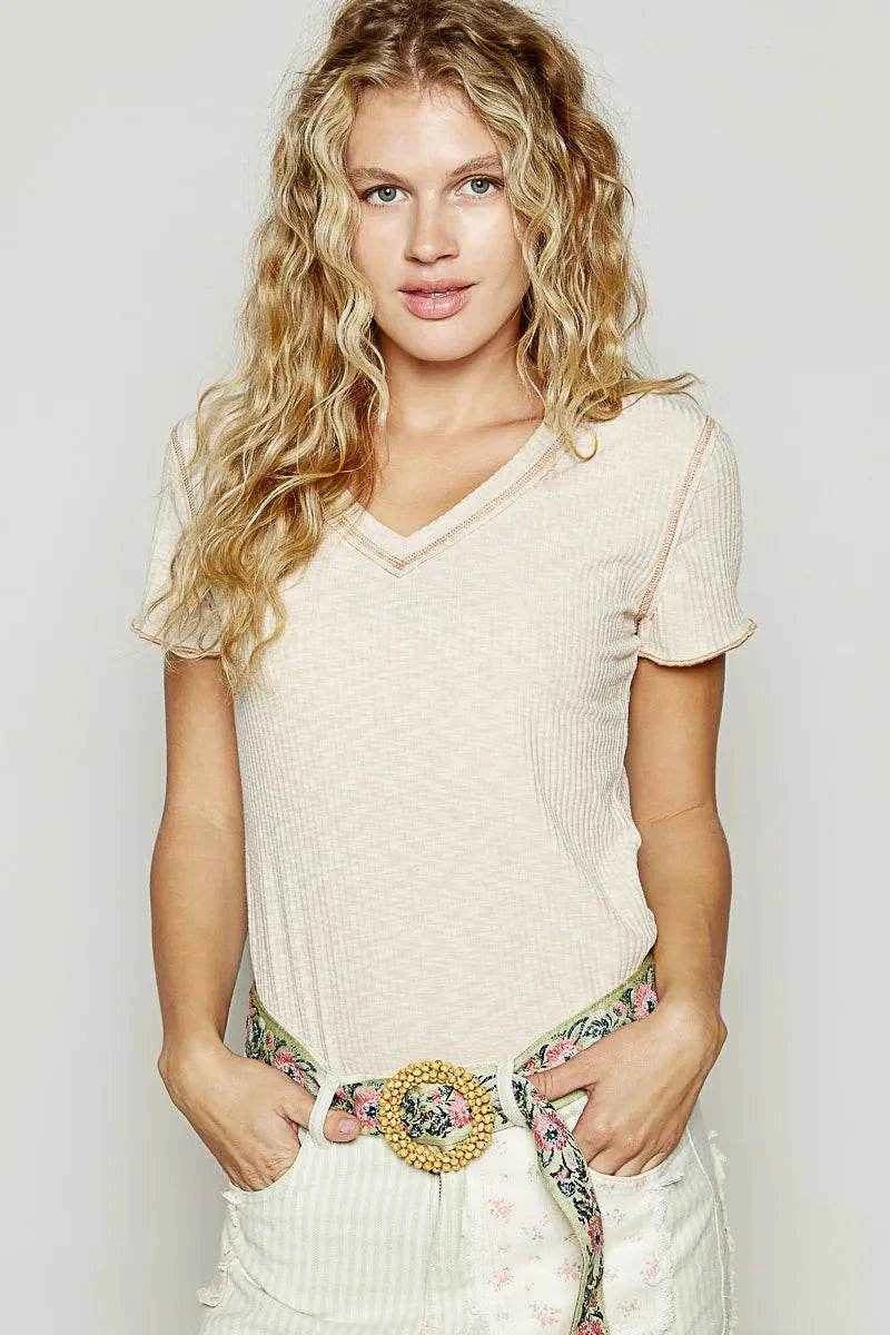 POL V-Neck Short Sleeve Ribbed T-Shirt with Contrast Overlock Stitching Trendsi d918961c-0fcd-42a5-a6f1-4e5908c4abfa-Max-Origin