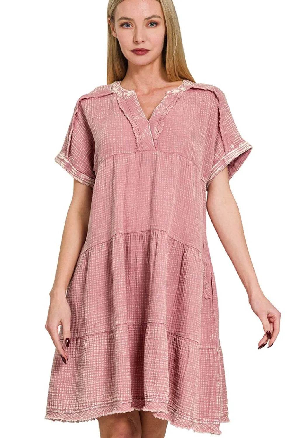 Zenana Washed Double Gauze Raw Edge V-Neck Dress LT ROSE Trendsi d9335da8-c5b8-460f-be6b-837d7fff890f-Max-Origin