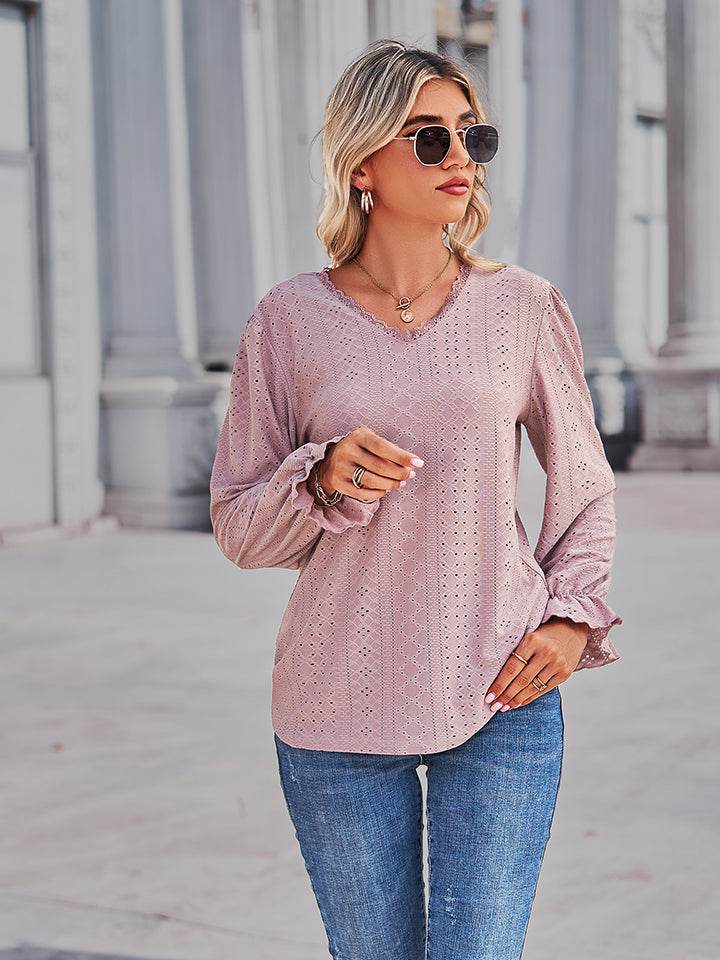 Eyelet V-Neck Flounce Sleeve Blouse Trendsi d944f119eebe4f3eb9b5c292b260e766-Max