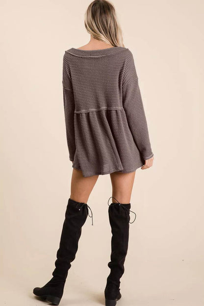 BiBi Waffle Knit V-Neck Babydoll Blouse Trendsi d948f8aa-ce2f-428f-b715-59ff7bc0fc96-Max