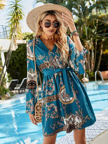 Printed Tie Belt Slit Flare Sleeve Dress Trendsi d953c86afb2146f3b68a346784f1941c-Max