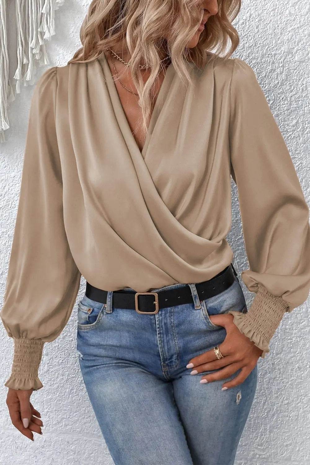 Surplice Neck Lantern Sleeve Blouse Khaki Trendsi d95a341eb73b43b1bec7df10734fb4f7-Max