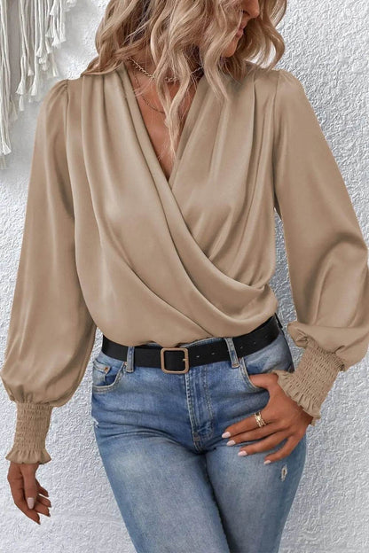 Surplice Neck Lantern Sleeve Blouse Khaki Trendsi d95a341eb73b43b1bec7df10734fb4f7-Max