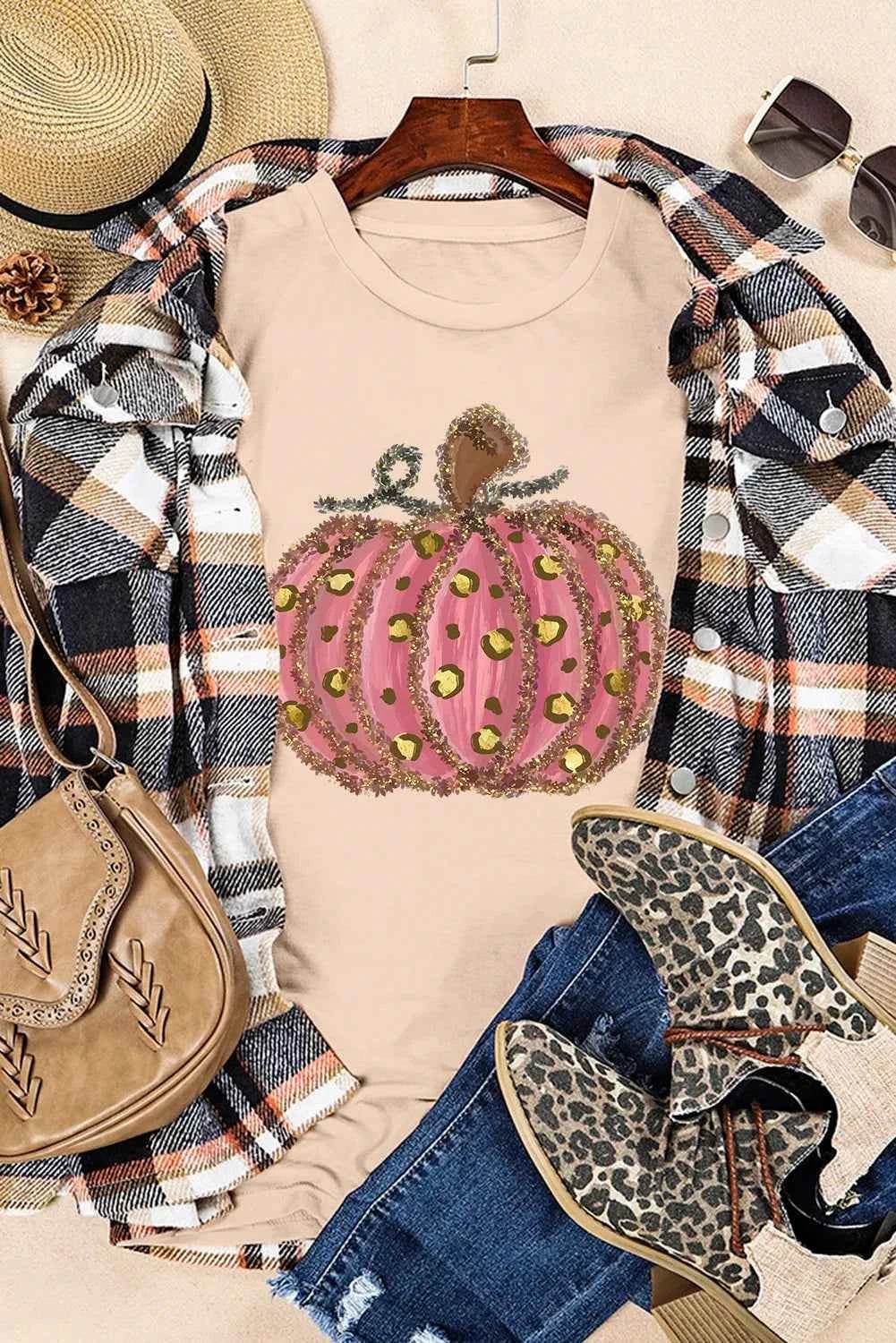Pumpkin Round Neck Short Sleeve T-Shirt Trendsi d9779cbb-8c9f-4232-afd6-cfccc52dc8c2-Max