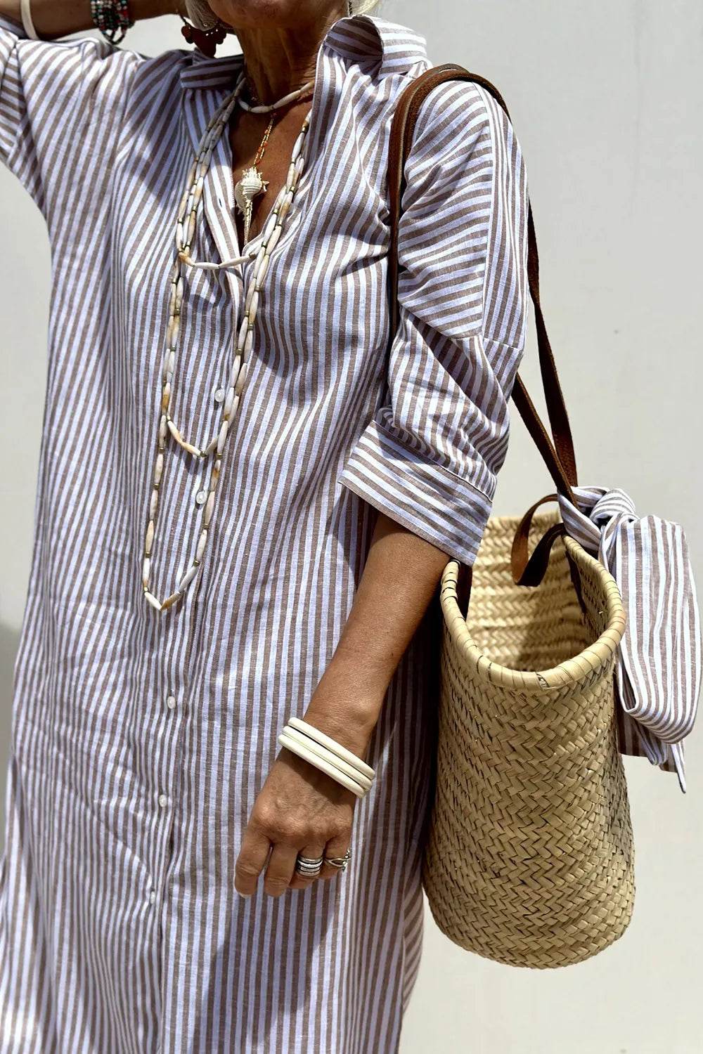 Tied Button Up Three-Quarter Sleeve Dress Trendsi d993661a-af89-48ef-ab04-a12497555a22-Max
