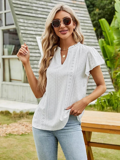 Eyelet Notched Short Sleeve T-Shirt White Trendsi d9f18ce5e9c8414ba70184eab97f02b0-Max-Origin