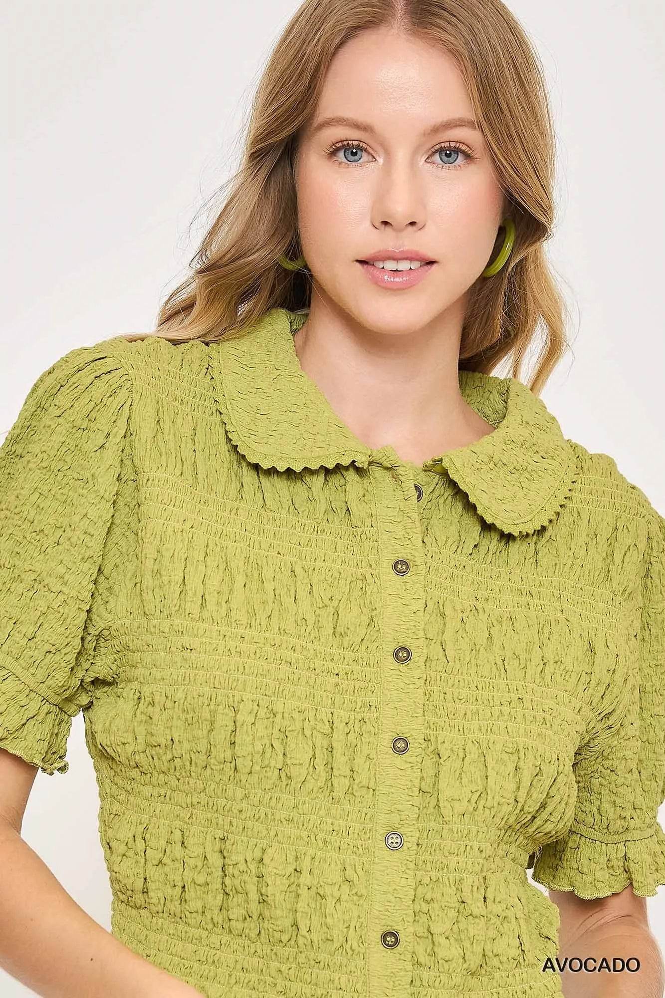 Umgee Smocked Short Sleeve Button-Front Shirt with Peter Pan Collar Trendsi da127636-7d17-4312-af7b-619d5fbcdae5-Max-Origin