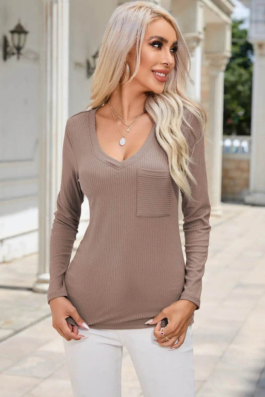 Ribbed V-Neck Long Sleeve Blouse with Pocket Trendsi da408e6110e04fe2abd2a859f83ed51d-Max