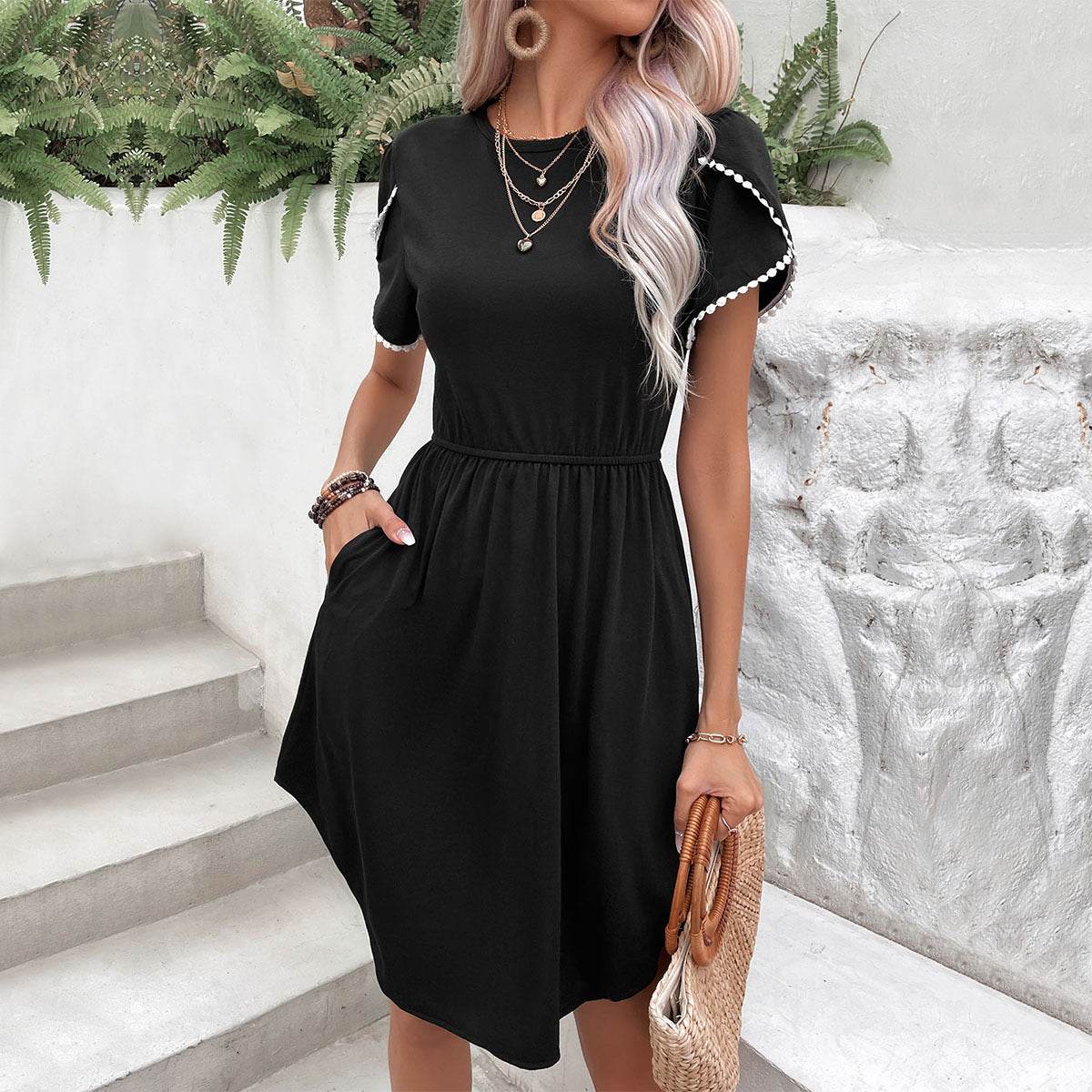 Perfee Round Neck Petal Sleeve Dress with Pockets Black XL Trendsi da43b1edaa3646b4a6e84617726305ff-Max