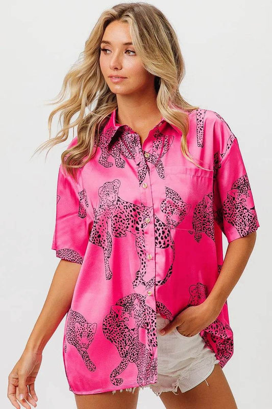 BiBi Leopard Print Short Sleeve Silky Satin Shirt Top FUCHSIA Trendsi da4712ef264e41569421b5e702390061-Max-Origin