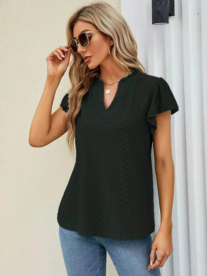Eyelet Notched Short Sleeve T-Shirt Black Trendsi da4b1d77cace4ca4aeec6cce03462b2a-Max-Origin