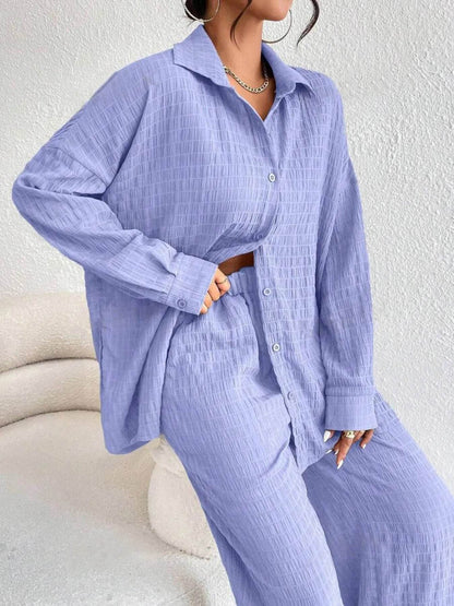 Button Up Long Sleeve Shirt and Pants Set Trendsi da51942ee40e484bb3d5ef44f1e11cdf-Max-Origin