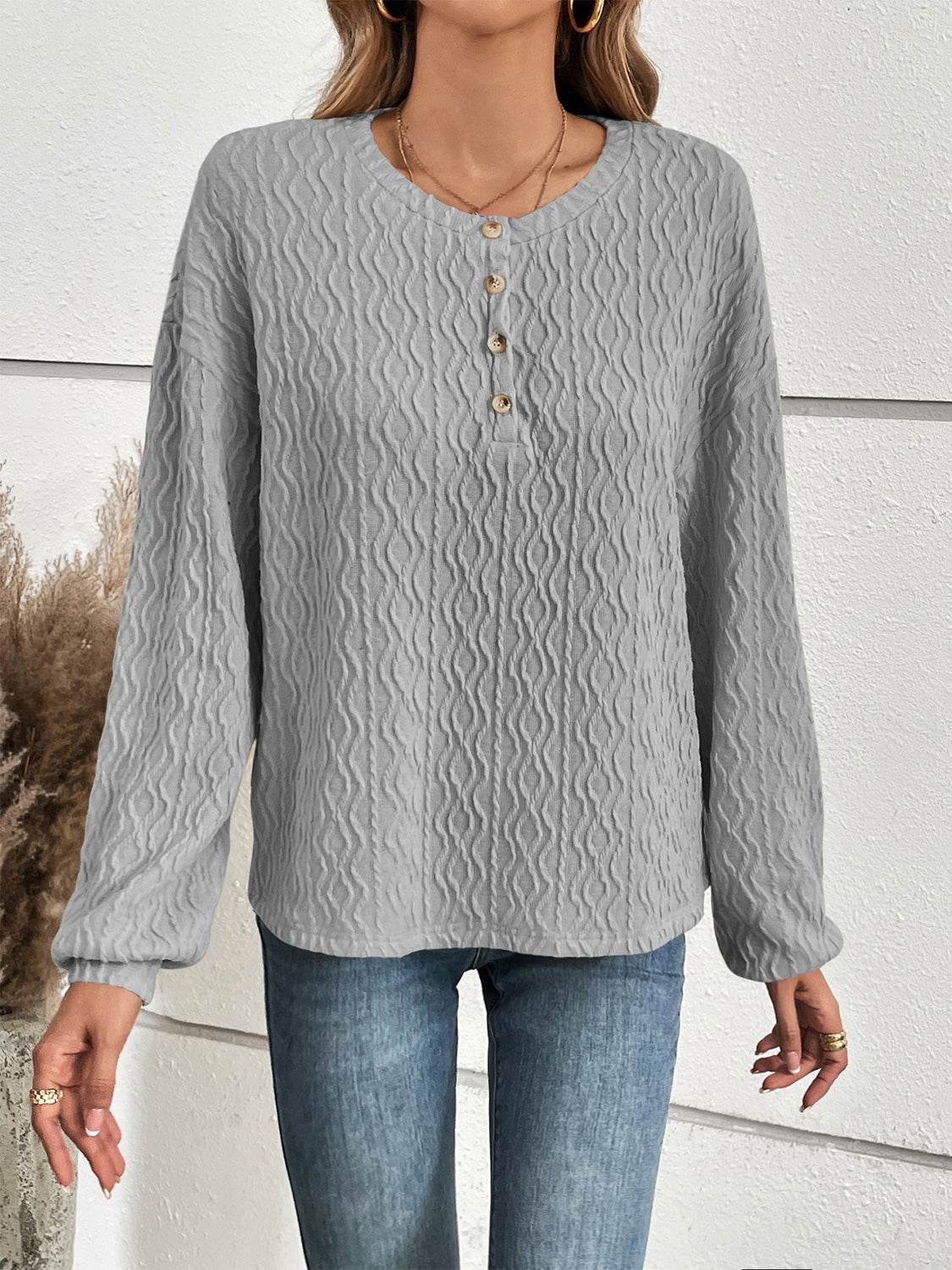 Ivy Lane Half Button Long Sleeve Top Trendsi da6344b495b64c5f8f784b8be7cf58a3-Max