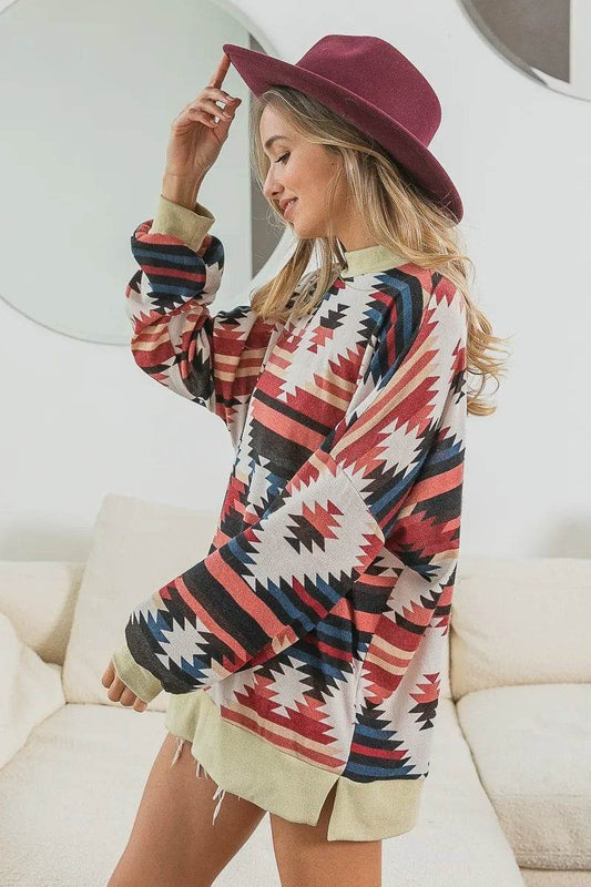 BiBi Aztec Print Mirr Mock Neck Lslv Top Trendsi da654cf400454685b667655547f23b55-Max-Origin