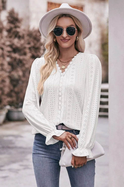 Mandy Eyelet V-Neck Flounce Sleeve Blouse White Trendsi da761b50-03dc-4d0c-b8c3-5188f221cda7-Max