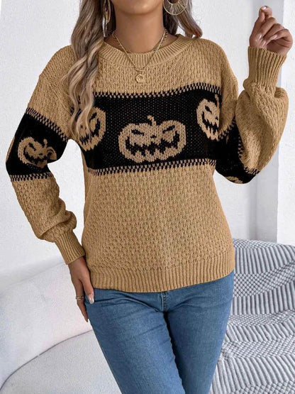 Pumpkin Round Neck Long Sleeve Sweater Trendsi daa98b67-99e9-44d8-badc-fb7bc375b9ef-Max