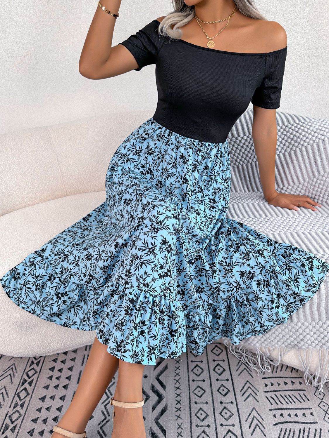 Printed Off-Shoulder Ruffle Hem Dress Trendsi daff0693a84441e6b0795b3e568b3113-Max