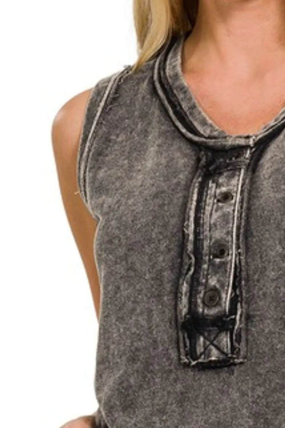 Zenana Washed Half-Button Raw Edge Sleeveless Henley Top Trendsi db25123f-3912-46ca-b54a-fc2716f45d38-Max-Origin