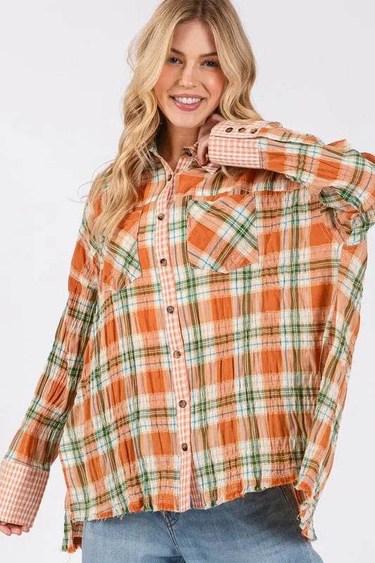 SAGE + FIG Side Slit Plaid Button Down Long Sleeve Shirt Trendsi db2b4fe6-8c04-4164-b4df-3f7bf11cc6e3-Max