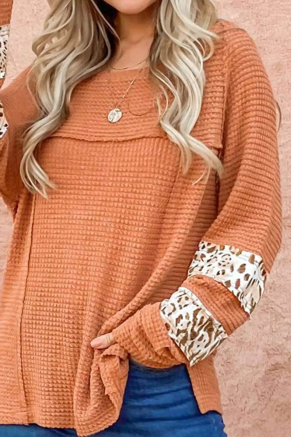 Waffle-Knit Leopard Long Sleeve Slit Blouse Trendsi db34e215e06049cb974dfd36452b0dbb-Max