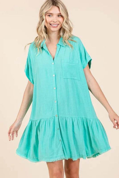 Mittoshop Linen Blend Button Down Shirt Mini Dress Aqua Trendsi db4b9716-47cd-43a4-9e42-b0a7201d8557-Max