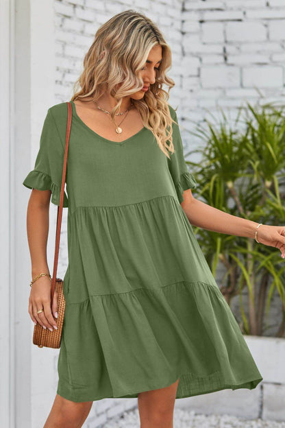 Mandy V-Neck Flounce Sleeve Tiered Dress Trendsi db4d5b7776904117b407e72b641f896c-Max