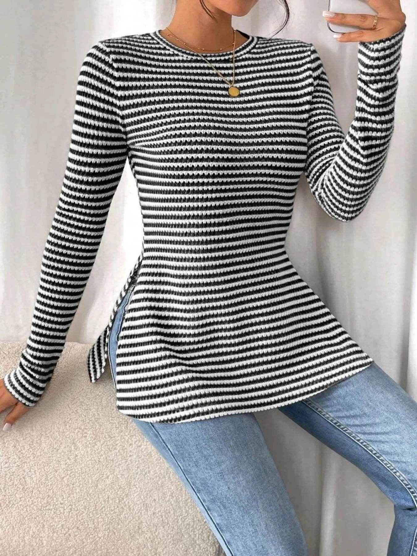 Side Slit Striped Long Sleeve T-Shirt Trendsi db883d8894594d68a9d7c06d6ee1fdbc-Max-Origin