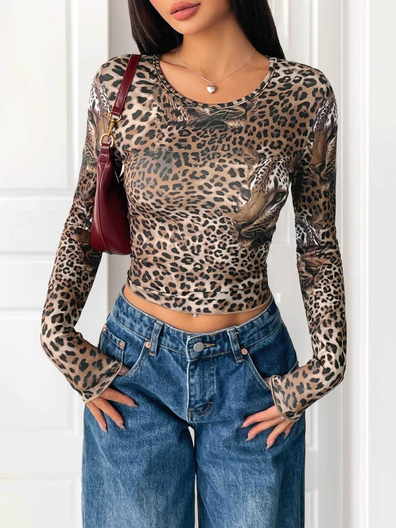 Leopard Print Long Sleeve Fitted T-Shirt Coffee Brown Trendsi db8d2e64474049008d4544c86fce7c87-Max-Origin