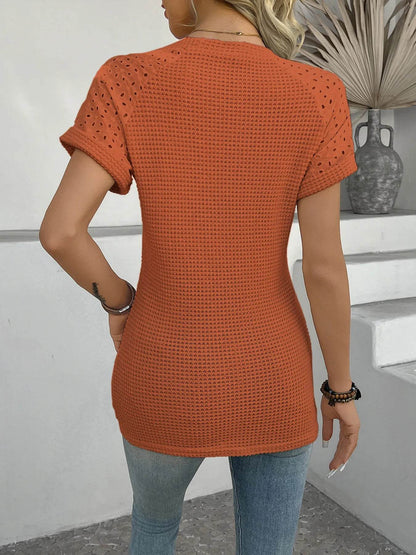 Hollow Out Waffle Knit Short Sleeve T-Shirt Trendsi db9099fd41294e4fa1686cfdfde4eed5-Max-Origin