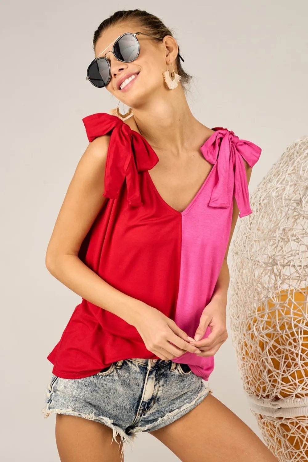 BiBi Shoulder Ribbon Tied Contrast Tank Trendsi dbd5ee75-104f-4673-ad9b-657c6bcfda91-Max