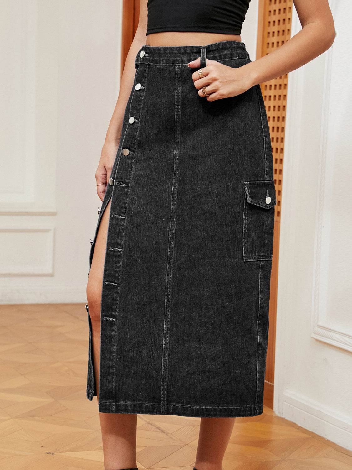 Button Down Midi Denim Skirt Trendsi dbdea73bc3fe409daed52f29f931a70d-Max