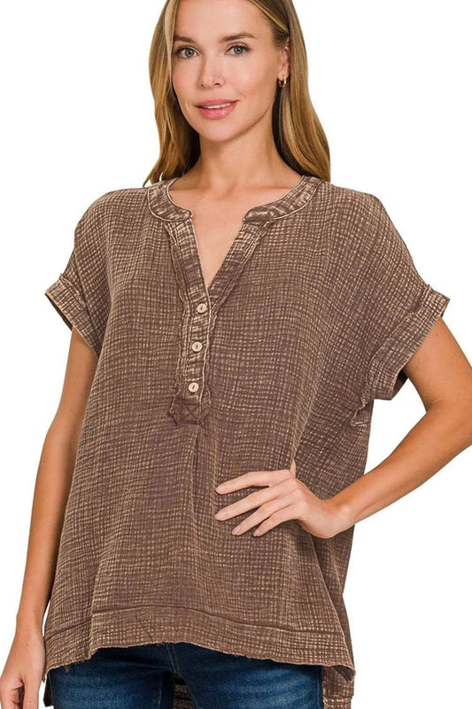Zenana Washed Double Gauze 3/4 Button Henley Neck Shirt BROWN Trendsi dbed6156-9e3d-4e5e-8565-d668ddeca8d8-Max-Origin