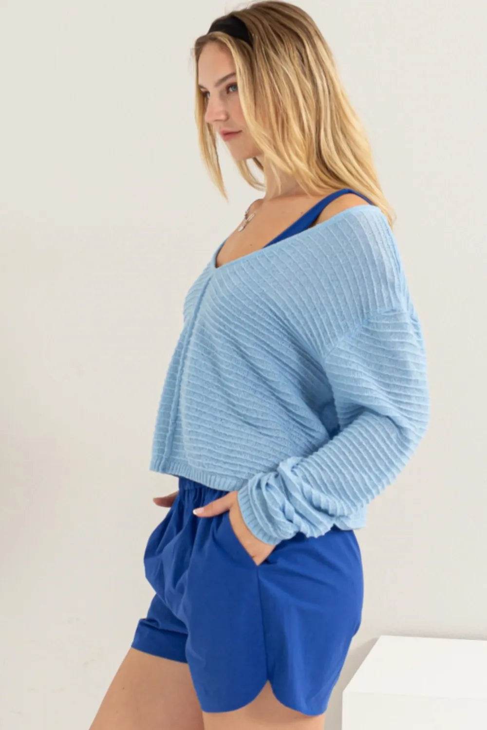HYFVE V-Neck Stripe Texture Long Sleeve Top Trendsi dc110462-9385-45d3-b018-0b1f6b27577e-Max