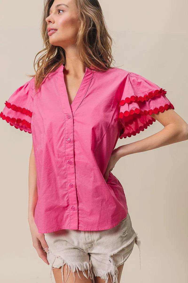 BiBi Dot Trim Flutter Sleeve Notched Top Trendsi dc1416368ad2446aba778dc6d3d789a5-Max-Origin