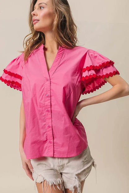 BiBi Dot Trim Flutter Sleeve Notched Top Trendsi dc1416368ad2446aba778dc6d3d789a5-Max-Origin