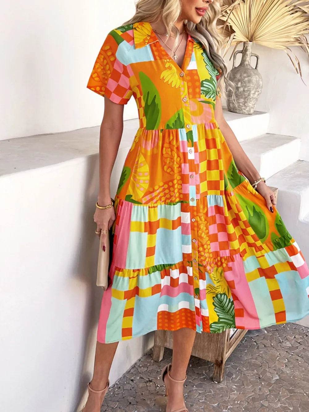 Devine Printed Johnny Collar Button Down Short Sleeve Midi Shirt Dress Trendsi dc186302-319b-43fb-93a3-6094b399506f-Max