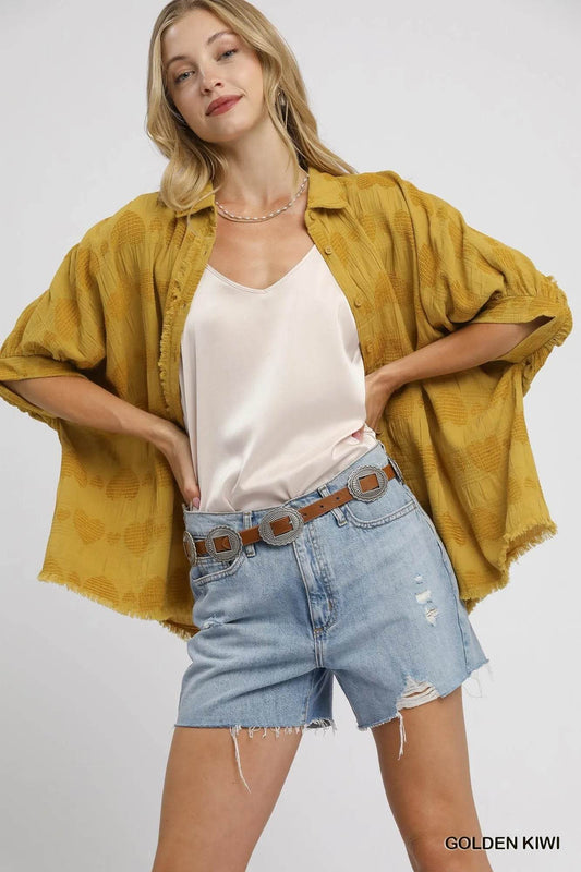 Umgee Jacquard Heart Collared Shirt GOLDEN KIWI Trendsi dc2818d9-65db-42d9-95ca-32155140dbd3-Max-Origin