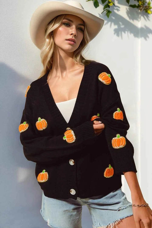 Double Take Full Size Pumpkin Button Up Long Sleeve Cardigan Black Trendsi dc356c3e-15ce-45ad-8782-93206228b05a-Max