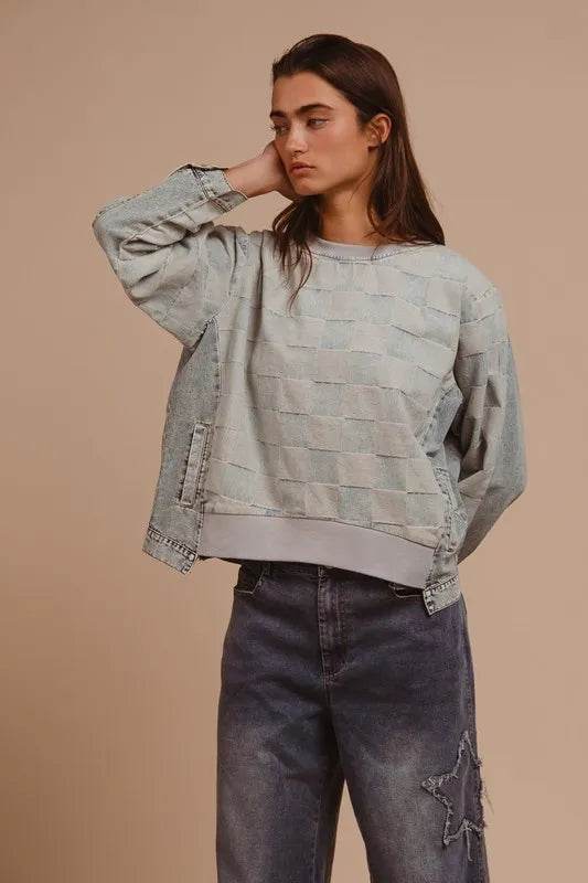 BiBi Mineral Washed Checkered Round Neck Denim Top Trendsi dc809c22-9a7e-4982-ab80-d721fcbba9c1-Max